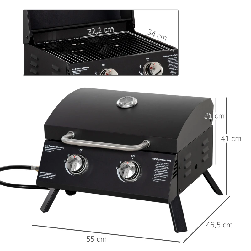 Outsunny tafelgrill gasgrill BBQ met 2 branders mobiele grillwagen grillnet klein buitentafel gasgrill picknick met reduceerslang RVS zwart 55 x 46.5 x 41 cm