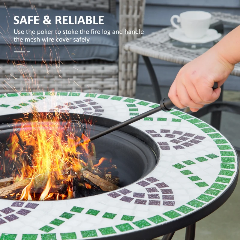 Outsunny 3-in-1 Φ68cm Outdoor Fire Pit, Garden Table with Cooking BBQ Grill, Mosaic Firepit Bowl with Spark Screen Cover, Fire Poker for Backyard Bonfire Patio