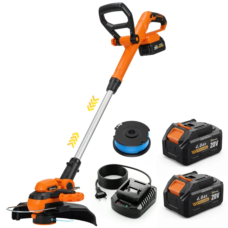 Outsunny Trimmer cu Acumulator 2-în-1, Tăietor de Iarbă 18V cu 2 Baterii de 4Ah, Încărcător, Tija Telescopică, Cap Înclinat, Mâner Reglabil, Tăiere 25cm, 8000 RPM, Ușor pentru Gazon și Grădină