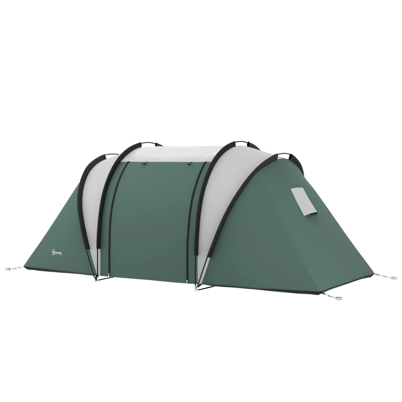 Outsunny Lichtgewicht Waterafstotende Campingtent voor 4-5 Personen met 3 Kamers, Zijdeur en Ramen in Donkergroen