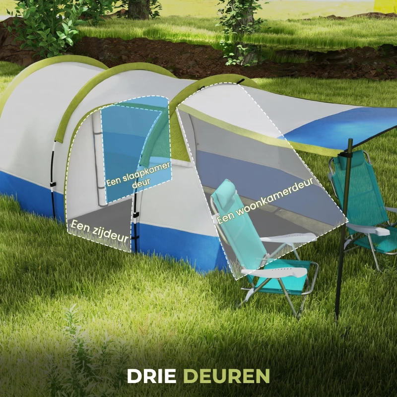 Outsunny campingtent, voor 3 personen, lamphaak, drie ingangen, waterdicht, groen