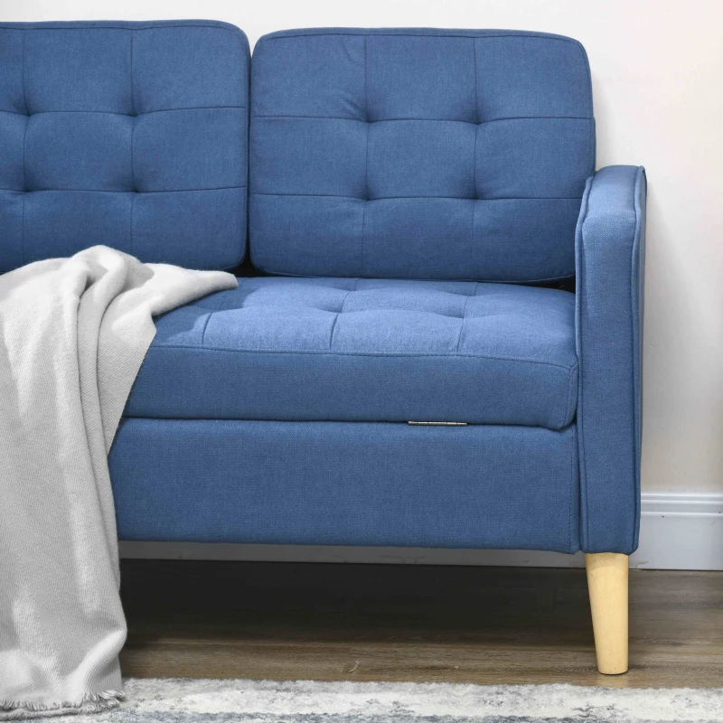 HOMCOM Modern Loveseat Sofa, Compact 2 Seater Sofa with Hidden Storage, 117cm Tufted Cotton Couch with Wood Legs, Blue