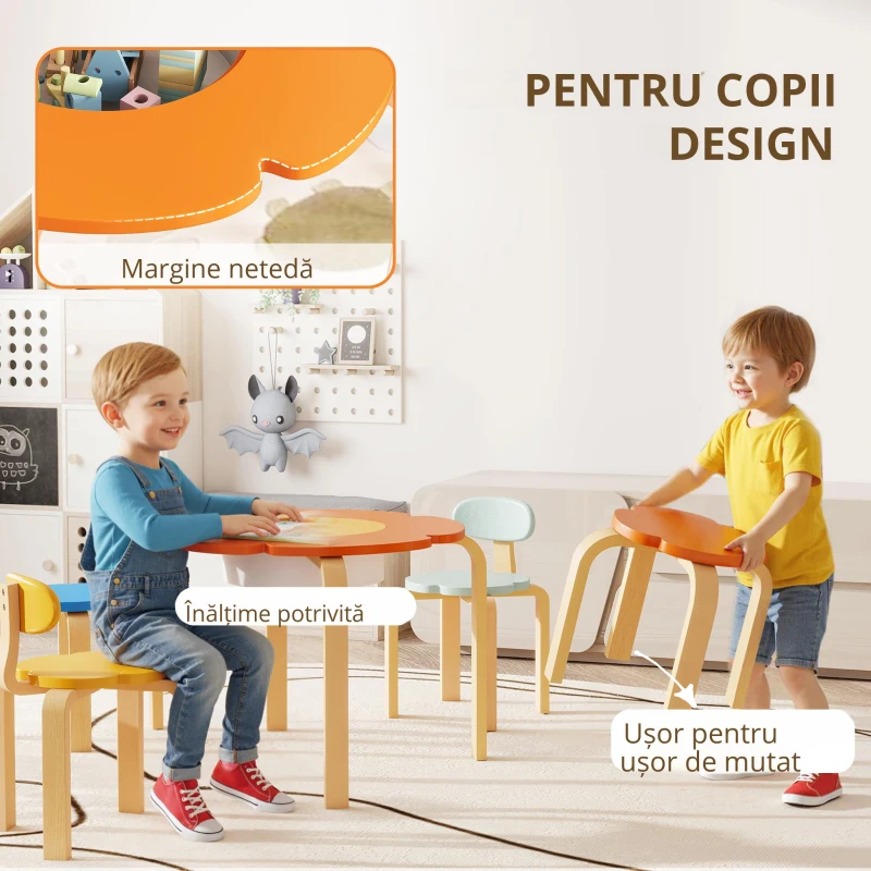 AIYAPLAY Set de 5 piese masă și scaune pentru copii, cu buzunar de depozitare, formă de floare, pentru camera de joacă, camera copiilor, lemn, multicolor