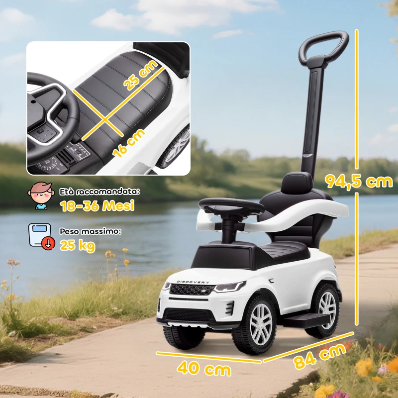 AIYAPLAY Mașinuță de Împins Licență Land Rover cu Mâner și Barieră, din PP și Oțel, 84x40x94.5 cm, Alb