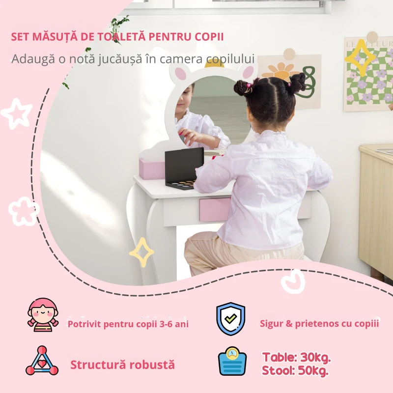ZONEKIZ Masă de toaletă pentru copii cu taburet și oglindă Masă de toaletă pentru fete cu sertar compartimente design unicorn alb