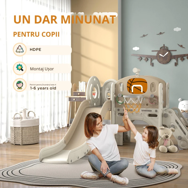 AIYAPLAY Loc de joacă pentru copii, tobogan 7-în-1, loc de joacă interior cu depozitare și tunel de târâre, 186x153x111 cm, alb crem
