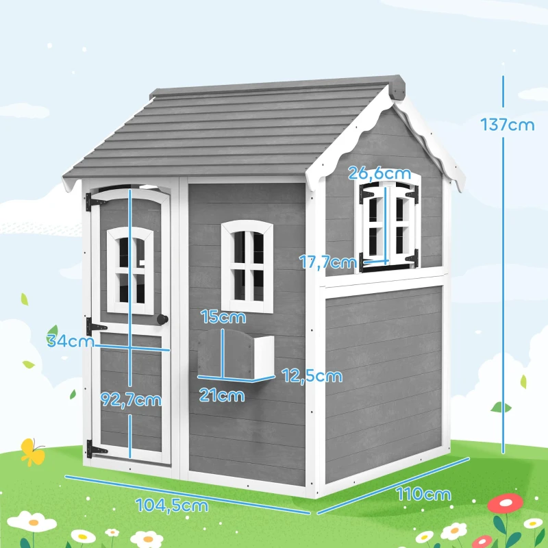 Outsunny Căsuță de joacă pentru copii, casă pentru interior și exterior cu ușă, ferestre și lădiță pentru flori, lemn de brad, gri