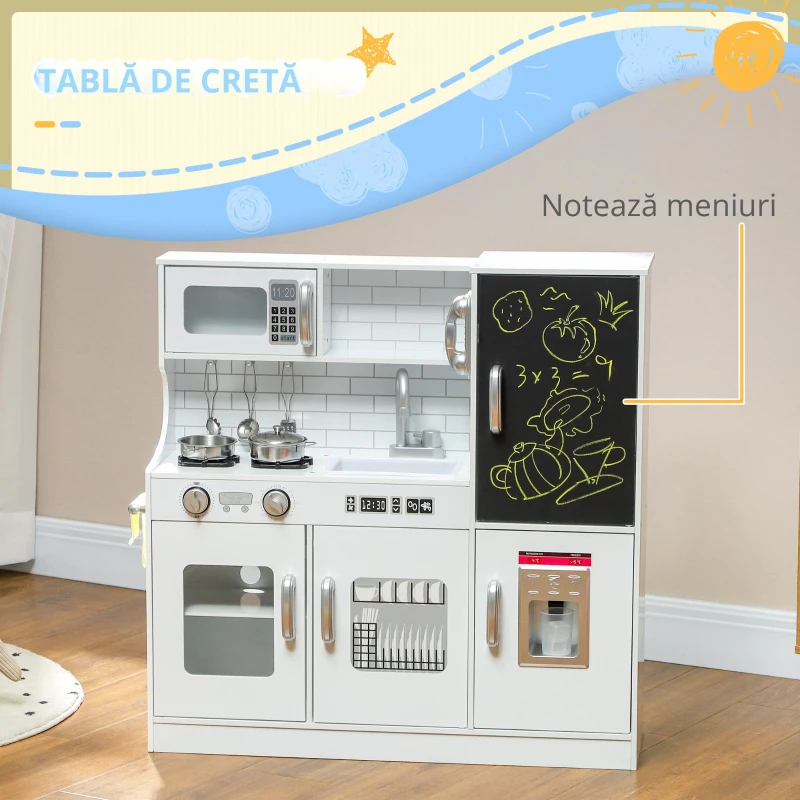 AIYAPLAY Bucătărie pentru copii, bucătărie de jucărie cu telefon, tablă, cuptor cu microunde, cuptor, chiuvetă, accesorii, mașină de cuburi de gheață, 3-8 ani, alb