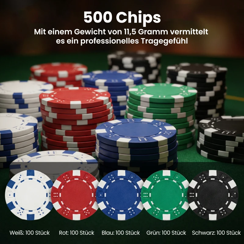 SPORTNOW Poker-Set, 500 Chips, Würfel, 2 Kartendecks, Zubehör, Koffer, für 10 Spieler