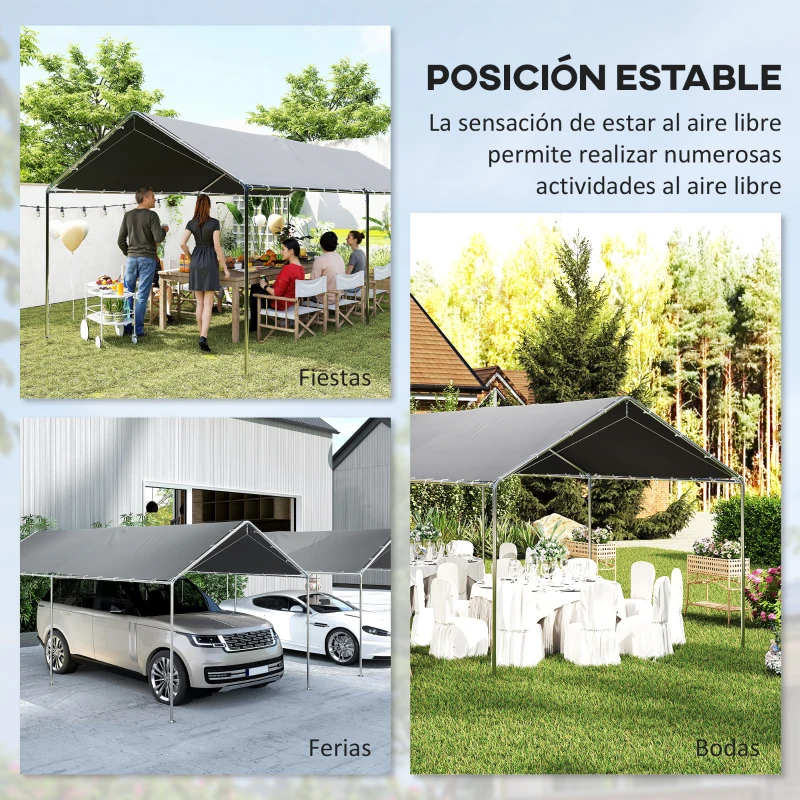 Outsunny Carpa Garaje para Coche 3x6 m Cochera Portátil Impermeable con Toldo de Tela PE y Marco de Acero Galvanizado Gris