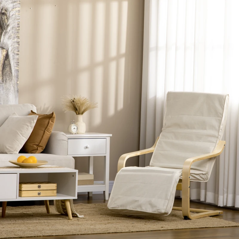 HOMCOM Wooden Armchair, Upholstered Linen Lounge Chair with Adjustable Footrest & Removable Cushion, Poang Chair for Living Room, Cream White