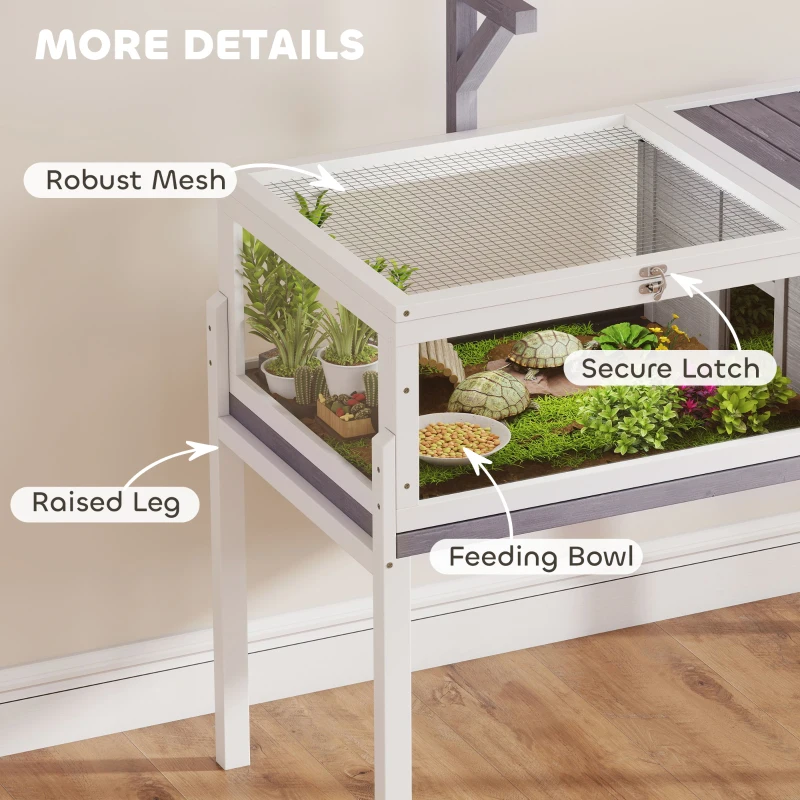 PawHut Wooden Tortoise House with Dual-Zone Habitat, Clear Panels, Openable Top, Metal Mesh, for Tortoises and Small Pets, Grey