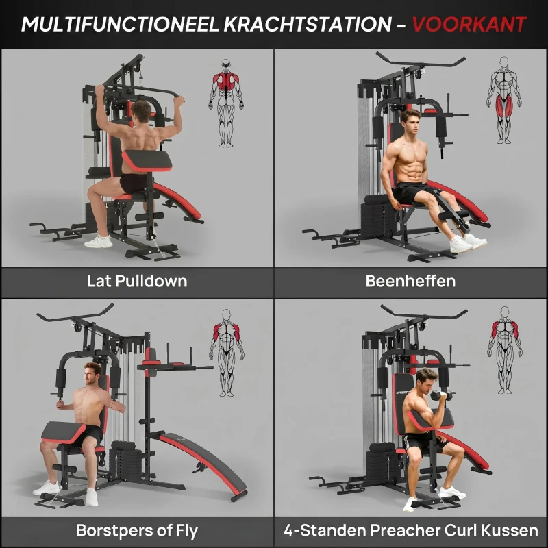 SPORTNOW Multifunctionele Trainingsstation met 65 kg Gewichtsblok, Verstelbaar, Voor Thuis Fitness, Staal, Kunstleer(m-4)
