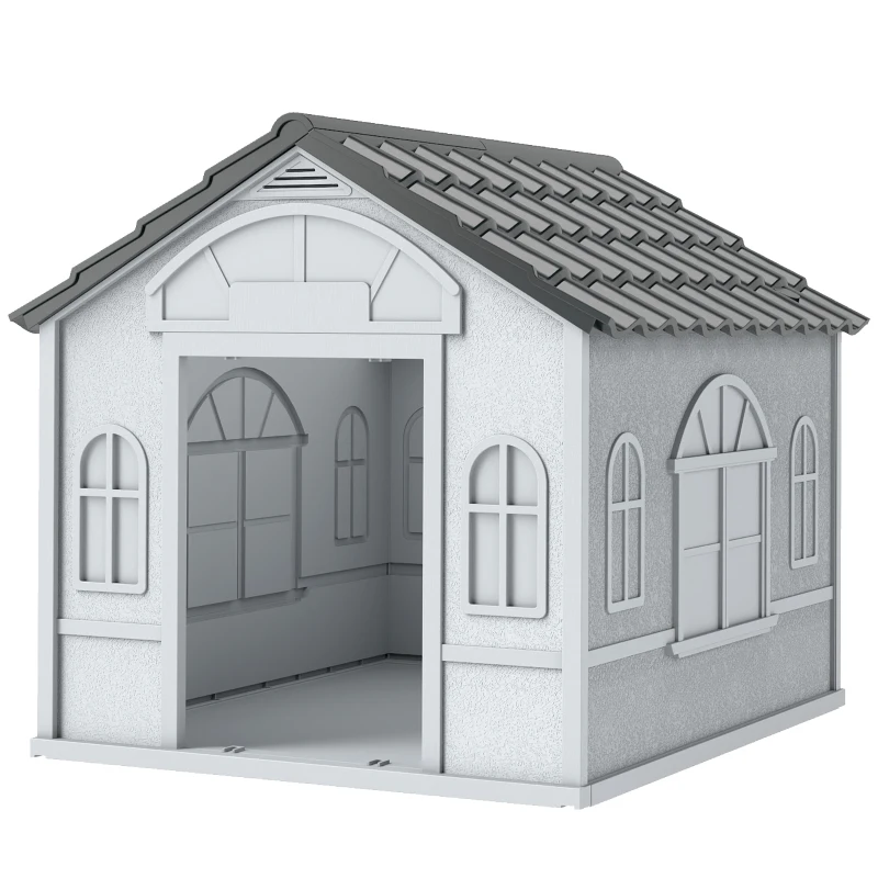 PawHut Niche pour Chien Extérieur pour Chiens Moyens et Grands, Maison pour Chien en PP Imperméable avec Toit en Pente, Porte Avant Ouverte et Ouverture d'Aération au-Dessus, 65 x 75,7 x 63 cm, Gris