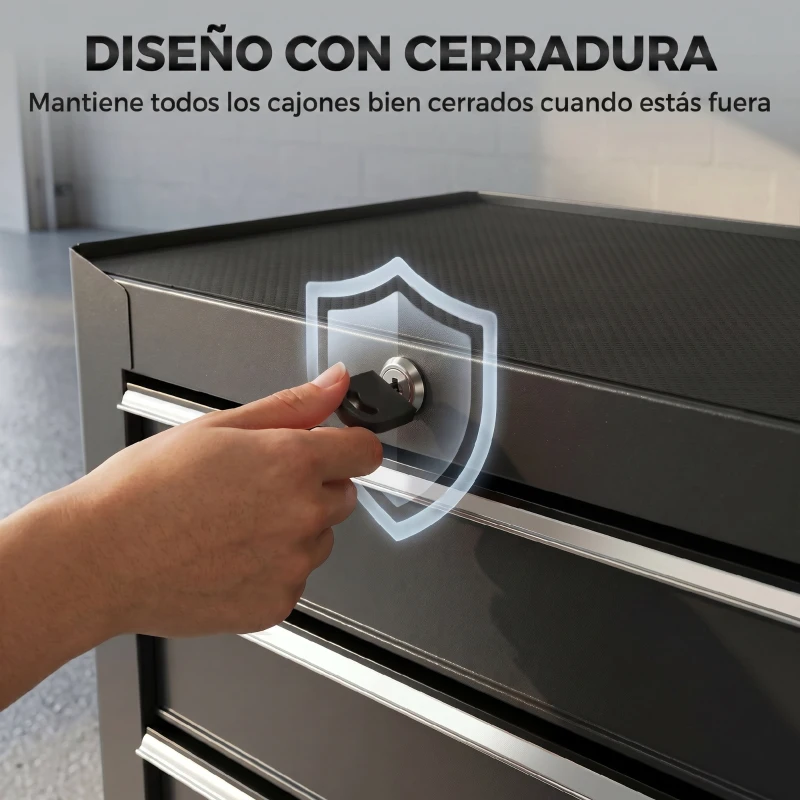HOMCOM Carro de Herramientas para Taller con Ruedas 5 Cajones Armario con Cierre y Asa Lateral 61,5x33x82,5 cm Negro