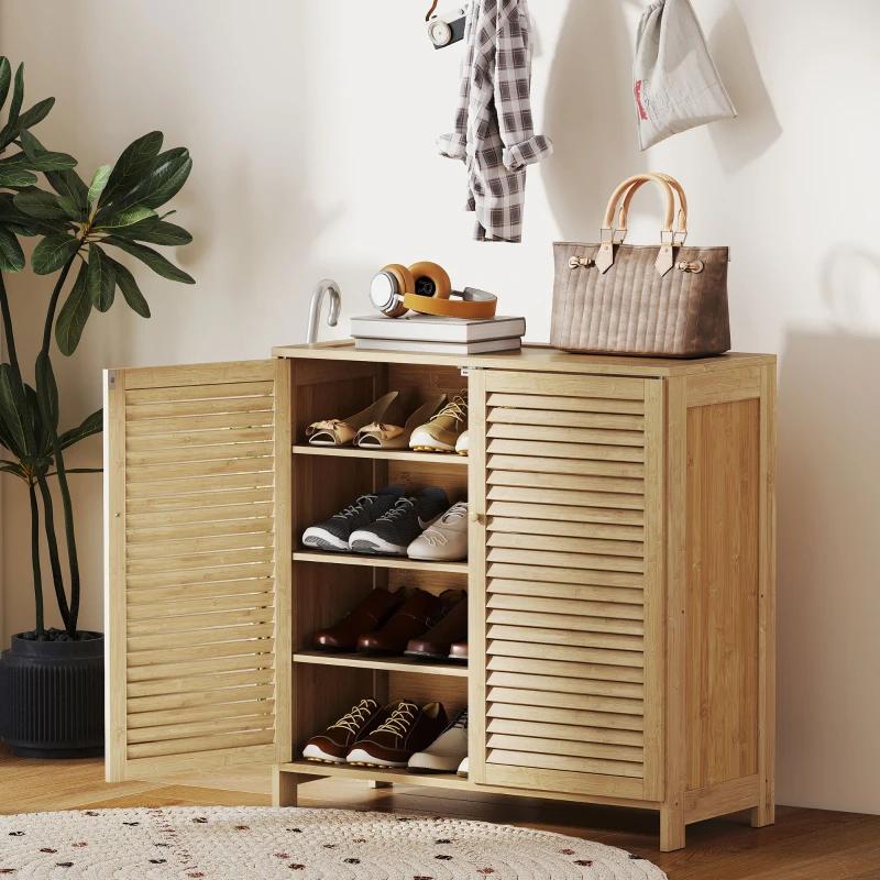 HOMCOM Scarpiera in Bambù con Ante a Persiana, Mobile Porta Scarpe con Ripiani Regolabili, Capacità per 14 Paia, 80 x 35 x 80 cm, Finitura Naturale