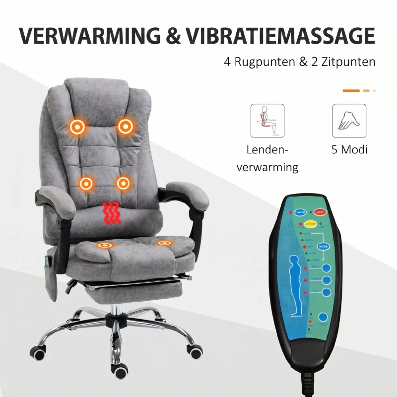Vinsetto Bureaustoel met Massagefunctie, Ergonomische Bureaustoel met Leun- & Warmtefunctie, Afstandsbediening, Grijs(m-4)
