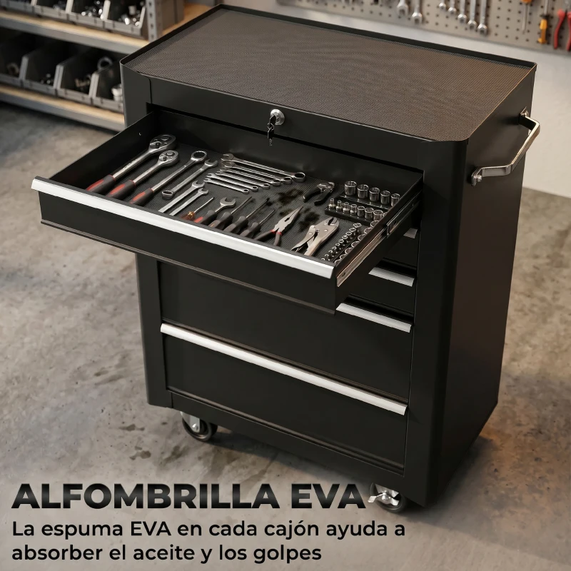 HOMCOM Carro de Herramientas para Taller con Ruedas 5 Cajones Armario con Cierre y Asa Lateral 61,5x33x82,5 cm Negro