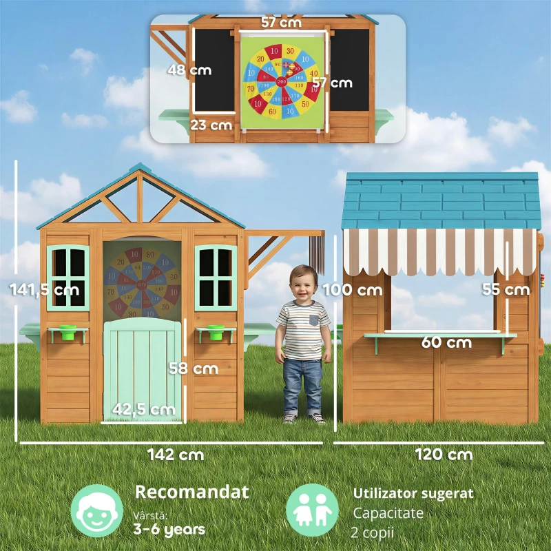 AIYAPLAY Căsuță de joacă pentru exterior cu tejghea de vânzare, ghiveci pentru plante, tablă de cretă, țintă, 4 bile 142 x 120 x 141,5 cm Multicolor