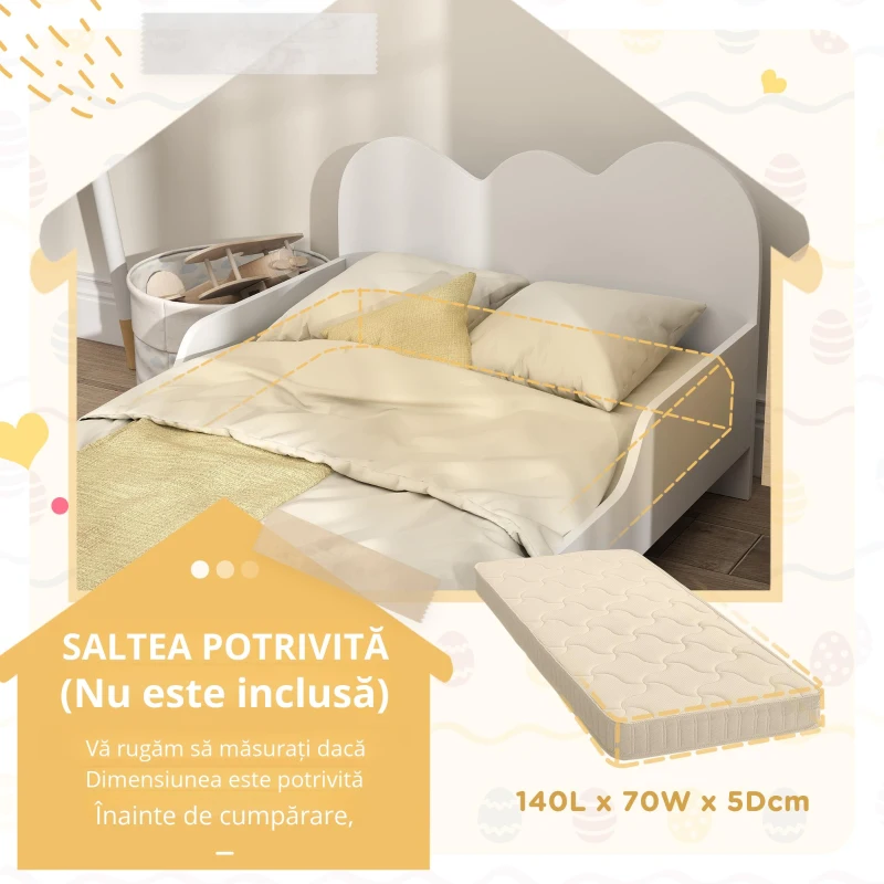 AIYAPLAY Pat pentru copii la sol 70x140 cm cu barieră de siguranță, somieră cu lamele inclusă și decorațiuni în formă de nor, alb