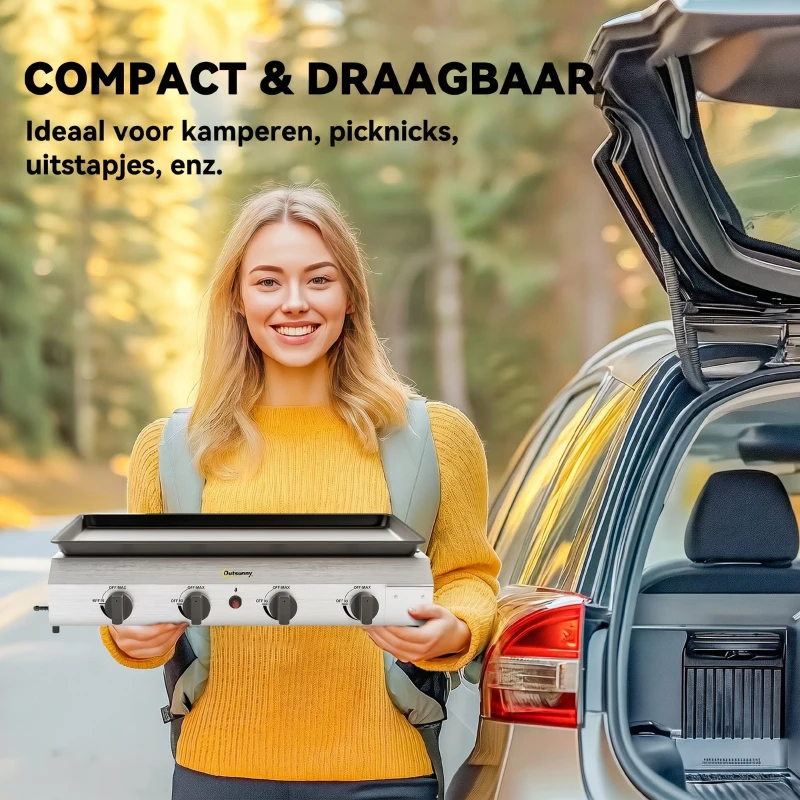 Outsunny Gasbarbecue met 8000BTU/2,4 KW, Grillwagen incl. 4 Roestvrijstalen Branders, Drukregelaar 77 x 44,5 x 19 cm Zilver+Zwart