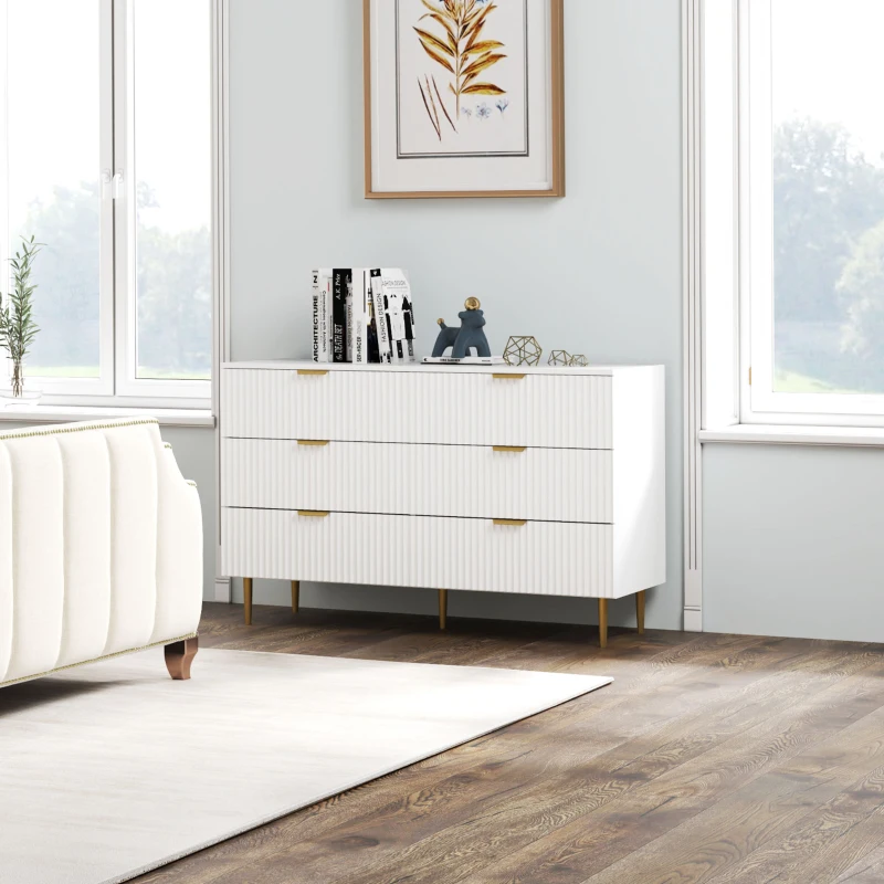 HOMCOM Commode 6 tiroirs commode chambre meuble de rangement moderne avec poignées et pieds dorés, 120 x 40 x 76,5 cm, blanc