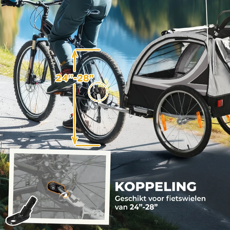 HOMCOM Kinderfietskar/Duwwagen met Remmen, Opvouwbaar, voor 2 Kinderen, Grijs/Zwart(m-8)