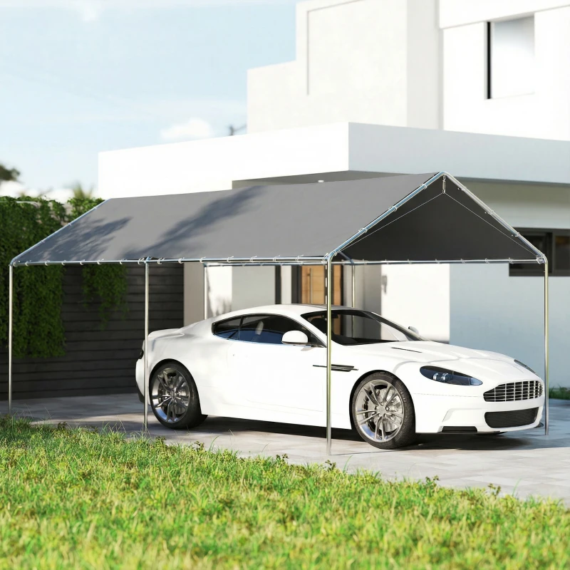 Outsunny Carpa Garaje para Coche 3x6 m Cochera Portátil Impermeable con Toldo de Tela PE y Marco de Acero Galvanizado Gris