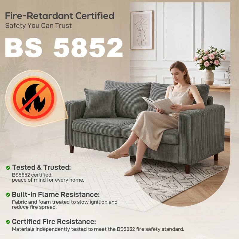 HOMCOM Loveseat Sofa with Wide Seat, Corduroy 2 Seater Couch with Deep Seat, Spring Cushion, Light Grey