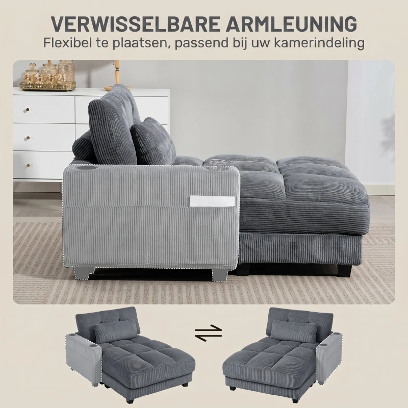 HOMCOM Slaapbank met kussen, schuimvulling, omvormbaar tot bed, bekerhouder, grijs(m-7)
