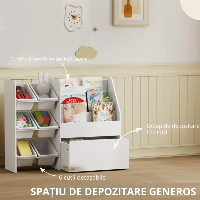 AIYAPLAY Mobilier depozitare copii depozitare jucării copii 6 cutii detașabile și cutie mare pe roți 100 x 30 x 80 cm alb