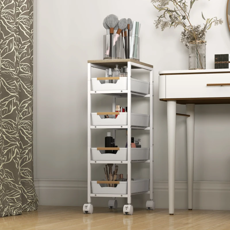 HOMCOM 5-laagse Keukentrolley, Houten Uiterlijk, Rolbaar, Metalen Frame, 4 Lades, Wit