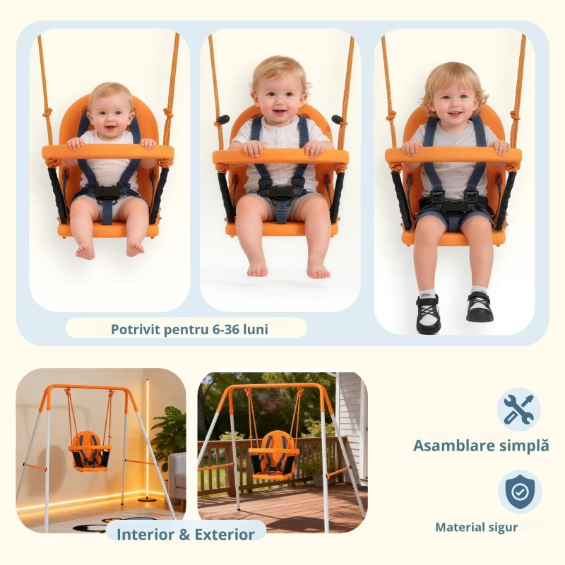 Outsunny Leagăn pentru Bebeluși Leagăn Grădină Exterior din Oțel cu Spătar Centură de Siguranță Sarcină 25 kg Portocaliu