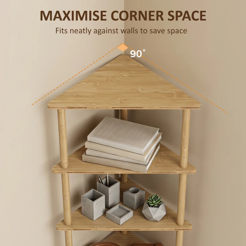 HOMCOM Bamboo Storage Shelf, 5-tier Corner Shelf, Freestanding Shelving Unit for Living Room, Home Office, Natural Wood Finish