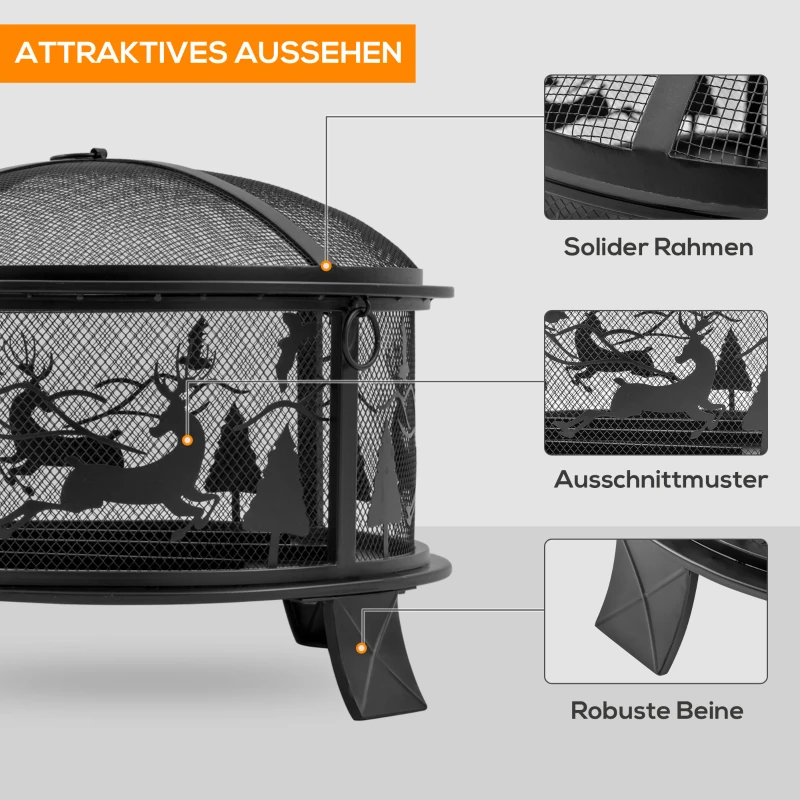 Outsunny Feuerschale Feuerkorb mit Funkenschutz 60 cm Feuerstelle für Garten rund Schwarz