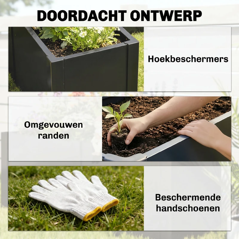 Outsunny L-vormig verhoogd bed, weerbestendig plantenbak van verzinkt staal 150 x 150 x 55 cm zwart