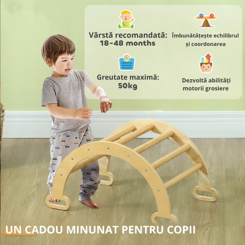 AIYAPLAY Arcadă cățărare copii balansoar din lemn pentru băieți și fete, copii de la 18 la 48 luni, lemn natural