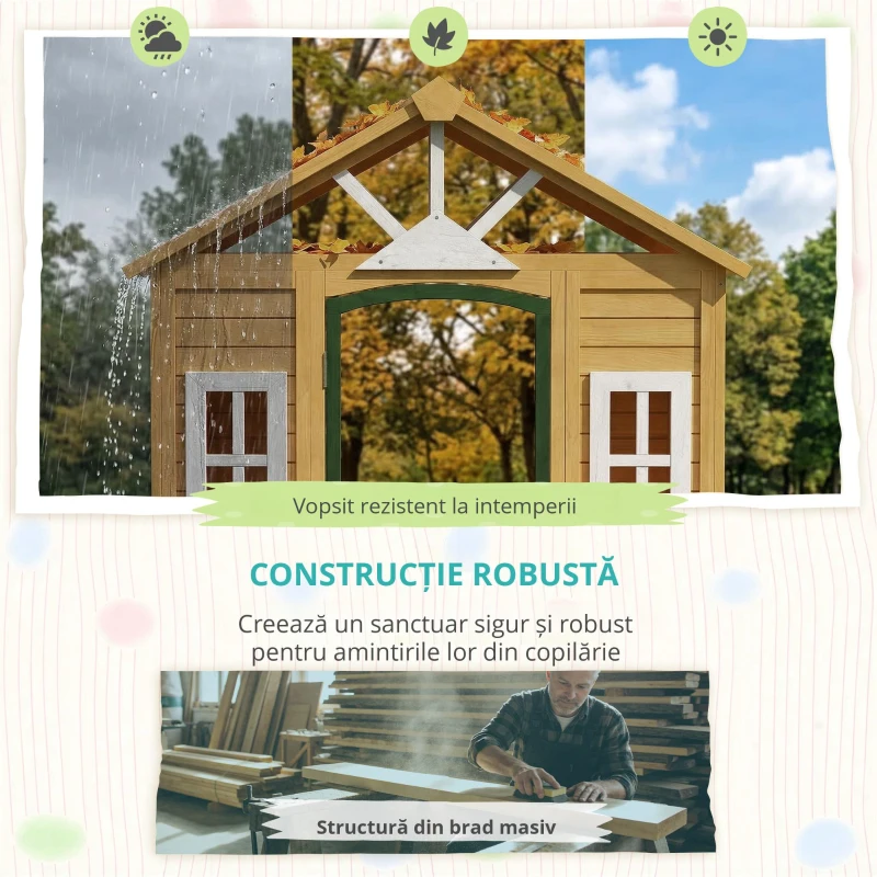AIYAPLAY Căsuță de joacă din lemn pentru exterior cu ușă 3 ferestre 2 jardiniere pentru copii 3-8 ani 134,5 x 97 x 150 cm Maro