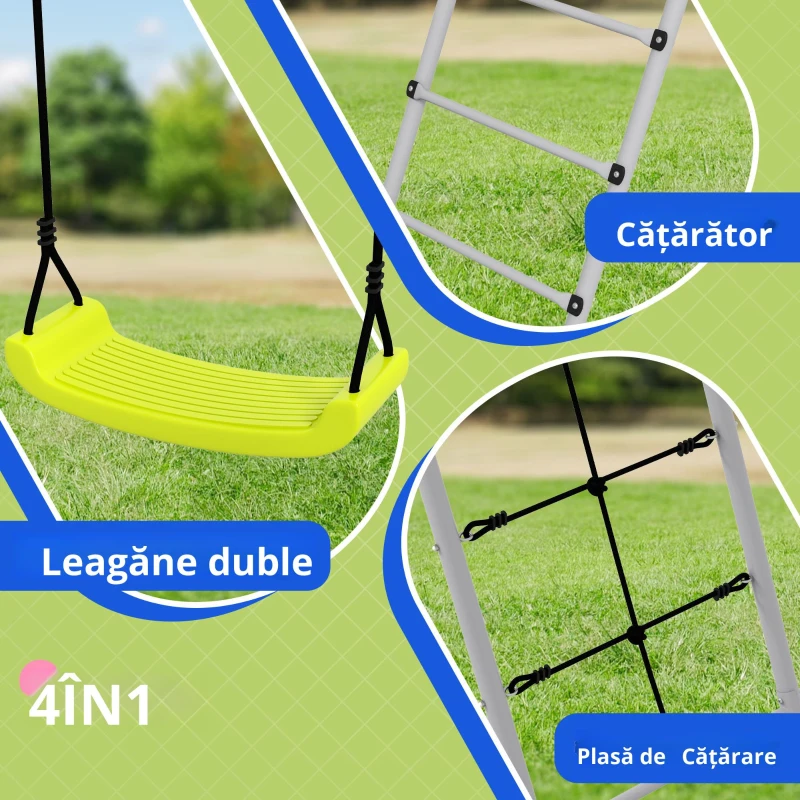 Outsunny 4 în 1 balansoar portic pentru copii cu 2 șezlonguri de balansoar, scară cățărătoare și plasă de escaladă verde