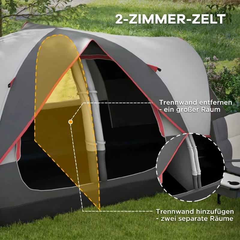 Outsunny Campingzelt, 2 Räume, Trennwand, für 3 Personen, Regenschutz, Grau