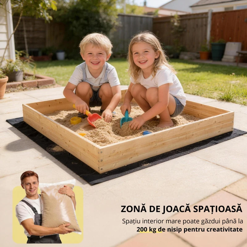 AIYAPLAY Cutie de nisip din lemn pentru copii cu excavator, cutie de nisip pentru copii cu scaun rotativ 360° și căptușeală 184x90x56 cm natural
