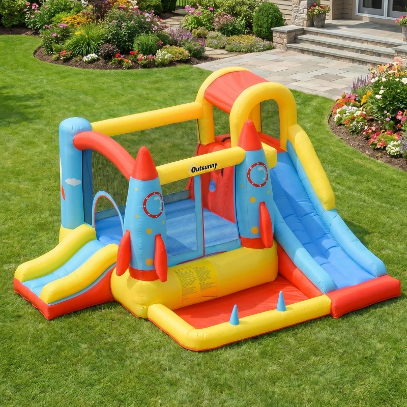 Outsunny Castel Gonflabil cu 2 Tobogane Trambulina și Piscina pentru Copii +3 Ani cu Inflator și Geantă de Transport pentru Interior Exterior 330x265x185 cm Multicolor
