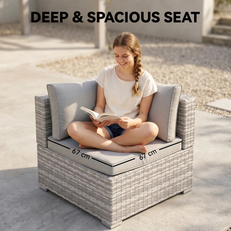 Outsunny Outdoor PE Rattan Corner Sofa, Garden Wicker Furniture Single Sofa Chair w/ Cushions, Light Grey