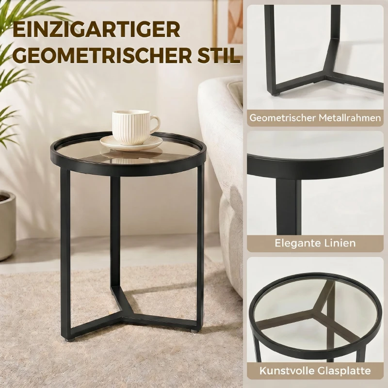 HOMCOM Runder Beistelltisch mit gehärteter Glasplatte und geometrischem Metallgestell für kleine Räume, Schwarz