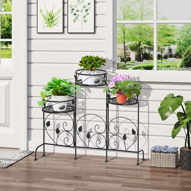 Outsunny Soporte de Metal para Plantas Macetas Plegable Estantería para Flores con 3 Estantes Decoración Interiores Exteriores para Jardín Terraza Balcón 74x23x62 cm Negro