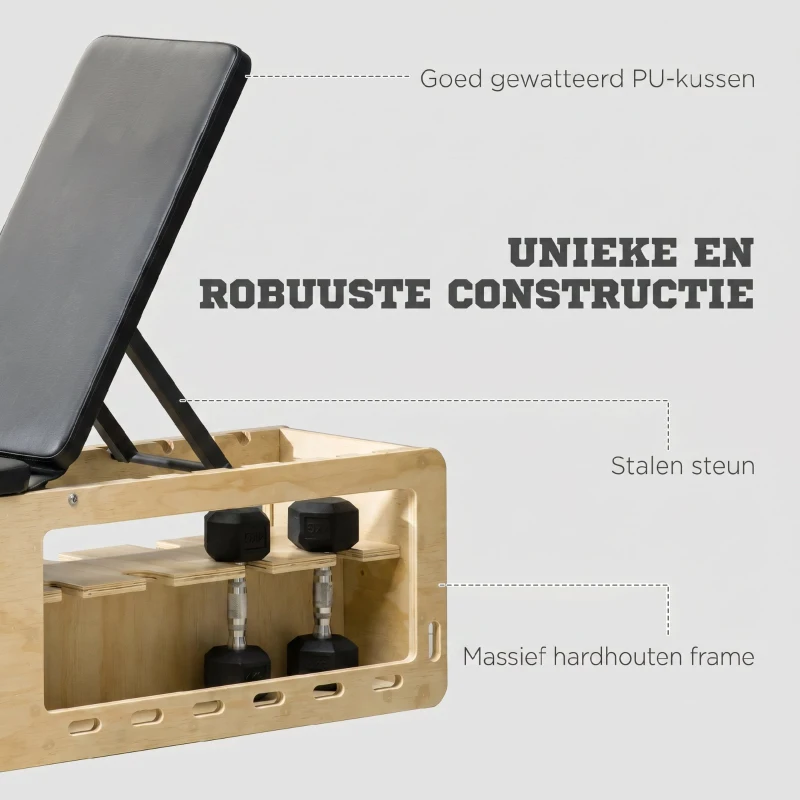 HOMCOM Halterbank met halterrek, 1 opbergmand, verstelbaar in 6 posities, massief hout, naturel + zwart(m-7)