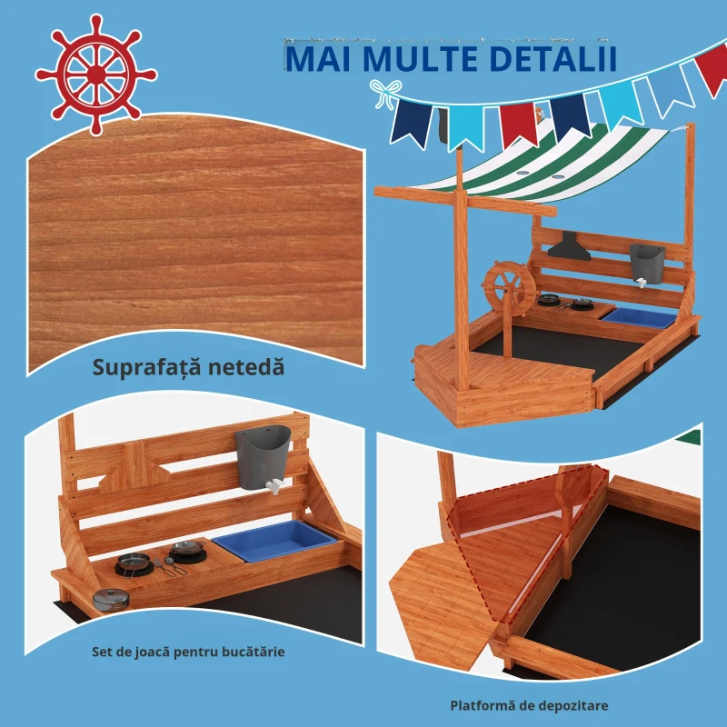 Outsunny Cutie de nisip cu copertină Corabie de pirați, incl. set de bucătărie pentru copii, lemn masiv, 180 x 103 x 144,5 cm, Verde