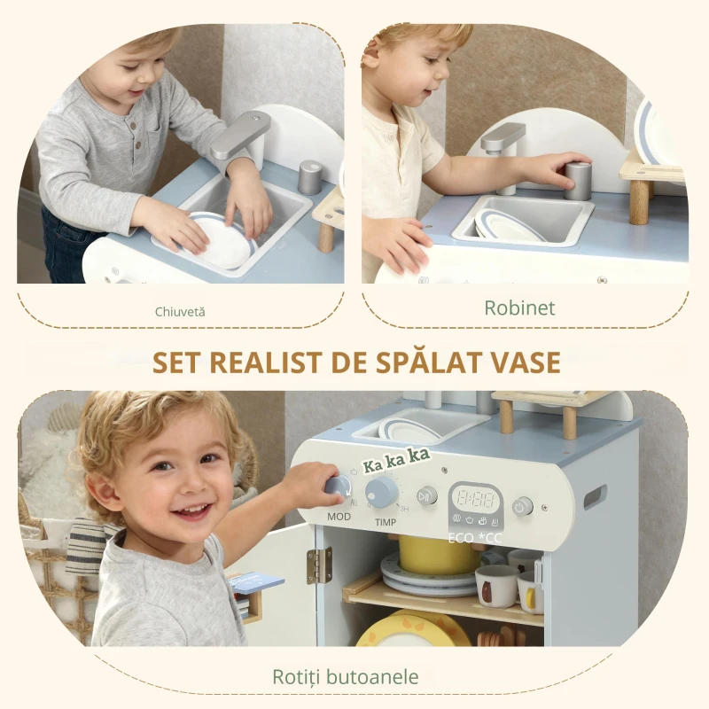 AIYAPLAY Set bucătărie cu chiuvetă, mașină de spălat vase din lemn pentru copii, 32 piese accesorii, MDF, pentru copii de la 3 ani, albastru deschis