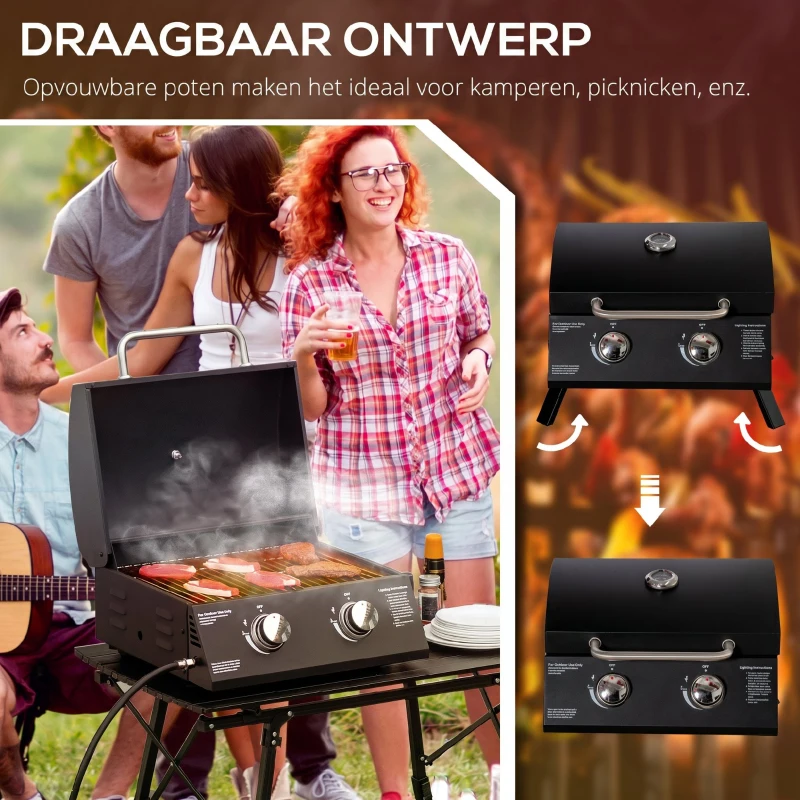 Outsunny tafelgrill gasgrill BBQ met 2 branders mobiele grillwagen grillnet klein buitentafel gasgrill picknick met reduceerslang RVS zwart 55 x 46.5 x 41 cm