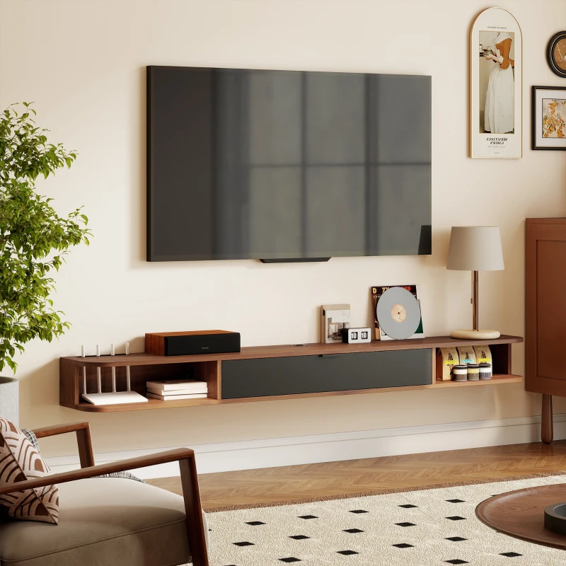 HOMCOM Móvel de TV Suspenso Móvel para TV até 190,5 cm Gaveta Basculante 2 Prateleiras 180x24x16 cm Nogueira